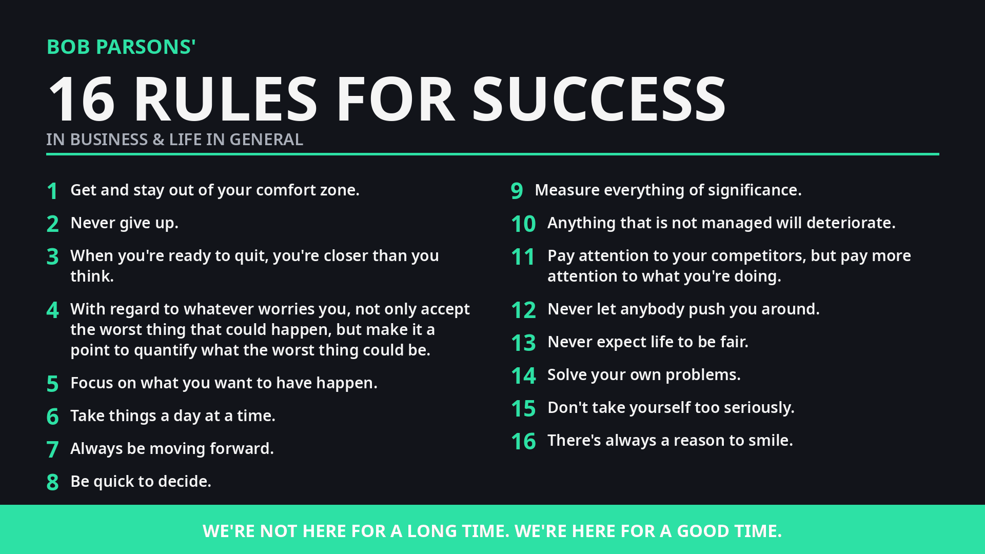 Bob Parsons' 16 Rules for Success graphic